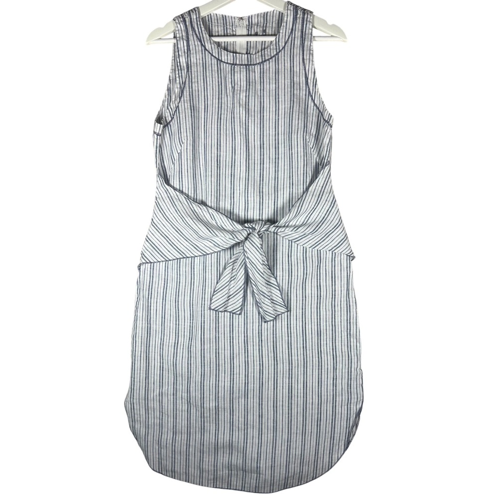 Three Dots Womens Blue White Striped 100% Linen Tie Front Sleeveless Dress Small